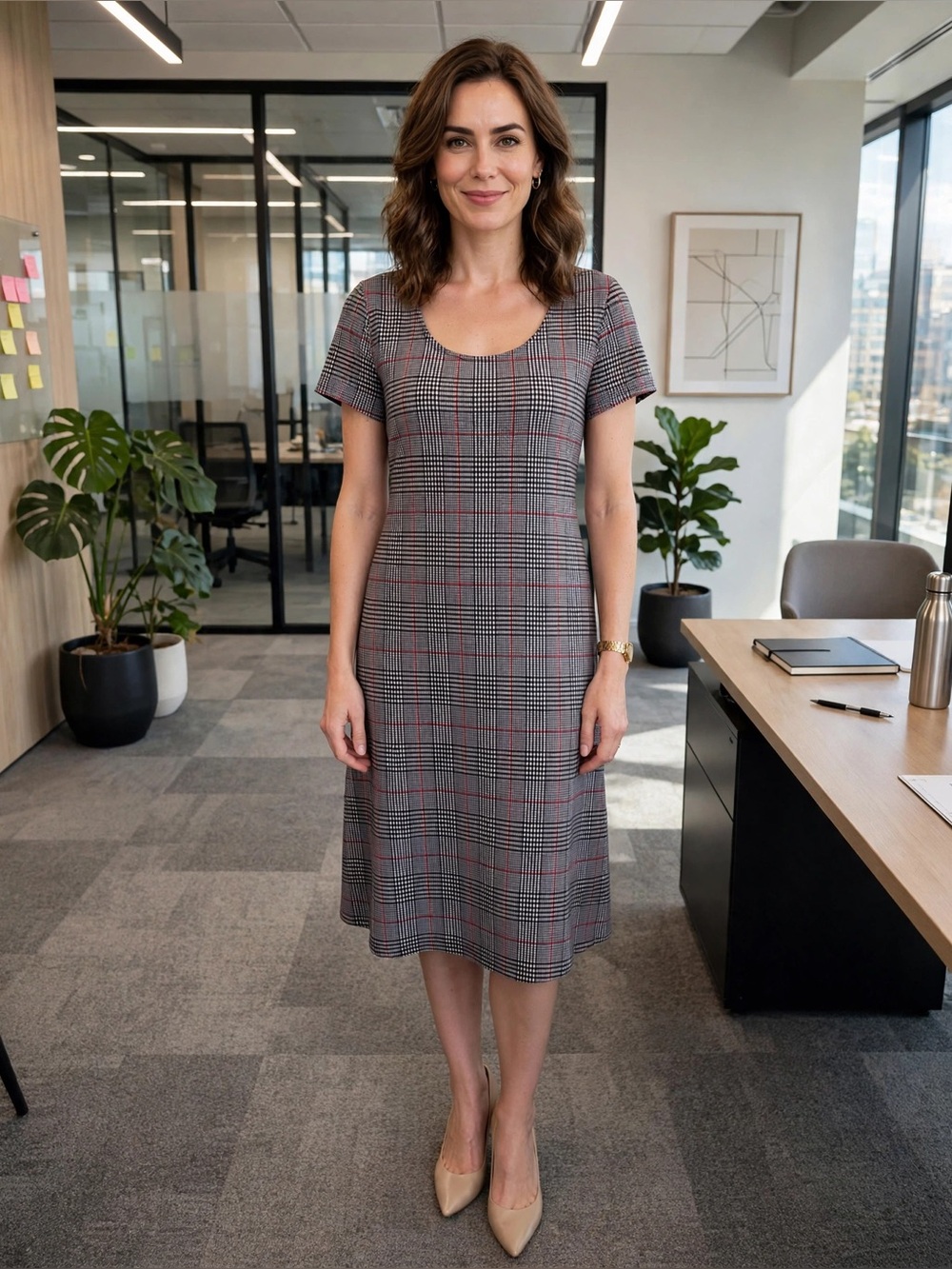 MSK Black, White & Red Plaid Scoop-Neck Midi Dress